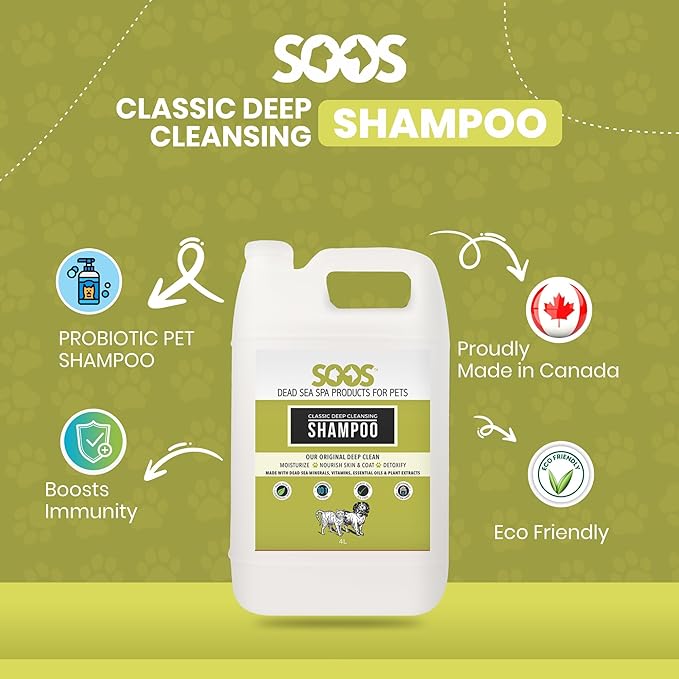 Soos Pet Classic Deep Cleansing Shampoo for Dogs and Cats Natural Dead Sea Minerals Fast Absorbing Coat with Vitamins Essential Oils Natural Ingredients - 1x (4L Gallon)