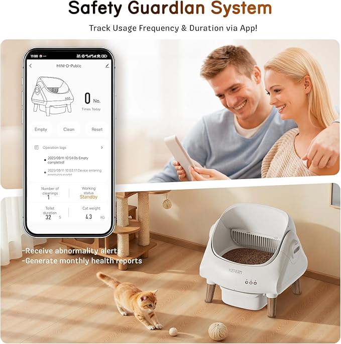 Self Cleaning Litter Box for Multiple Cats, Automatic Cat Litter Box with App Control, Open Top Design, Safety Protection, Ultra-Quiet, Includes Waste Bags, Large Waste Bin, & Brush (Wooden)