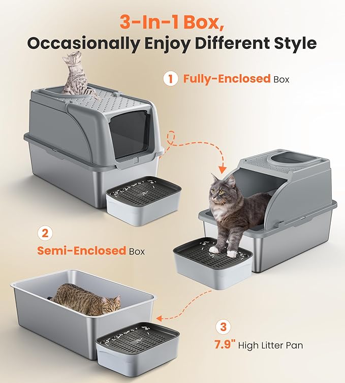 Stainless Steel Cat Box Dual Entrance XXL Large Litter Box for Cats, Covered Metal Kitty Litter Box with Flip Door, 16.6” High Wall& Litter Scoop, Gray 2 Pack