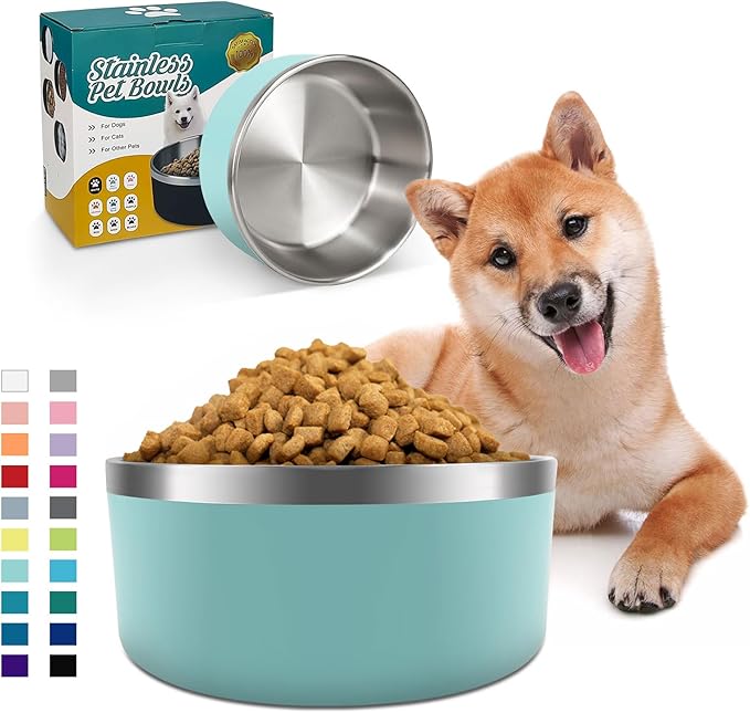 IKITCHEN Dog Bowl for Food and Water, 64 Oz Stainless Steel Pet Feeding Bowl, Durable Non-Skid Double Wall Insulated Heavy Duty with Rubber Bottom for Medium Large Dogs (64 Ounces/8 Cup, MintGreen)