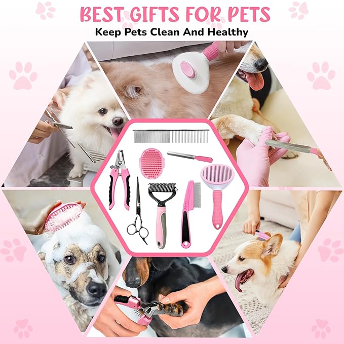 Dog Brush & Grooming Kit – 9-Piece Pet Brush & Deshedding Set for Shedding, Bathing, Trimming & Nail Care | Grooming Tools for Dogs & Cats, Includes Comb, Nail Clipper, Scissors, Slicker Brush (Pink)