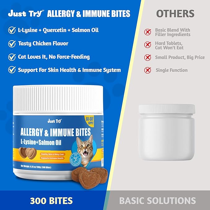 Just Try 300 Bites Allergy & Immune Bites For Cats - with L-Lysine & Quercetin - Skin & Coat Health Eye Health - Soft Bites for Itchy Skin Relief & Cat Allergy- Grain Free Dietary supplements for pets