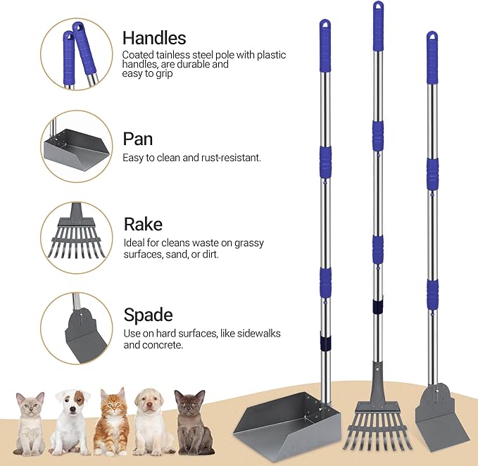 Heeyoo Dog Pooper Scooper, Dog Poop Tray and Rake Set, Pet Waste Removal Scoop with Long Adjustable Sectional Stainless Handles