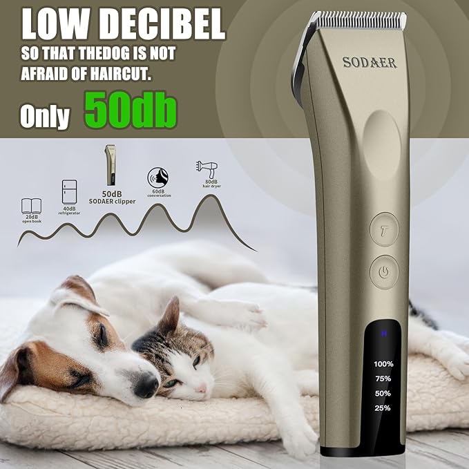 Professional Animal Pet Dog Cat and Horse Cordless Hair Clipper Grooming Kit with 5 in 1 Blade Low Noise & High Power Rechargeable Cordless Pet Grooming Clipper for for Thick Heavy Coats (Brown)