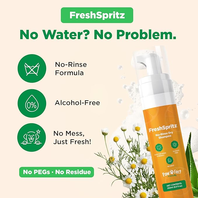 FreshSpritz 8.5 fl oz Waterless Foaming Dog Dry Shampoo with Aloe, No-Rinse Pet Wash for Odor, Dander & Allergens. Non-Sticky, Plant-Based Chamomile Scent, Fast-Drying Pet Deodorizer Grooming Foam