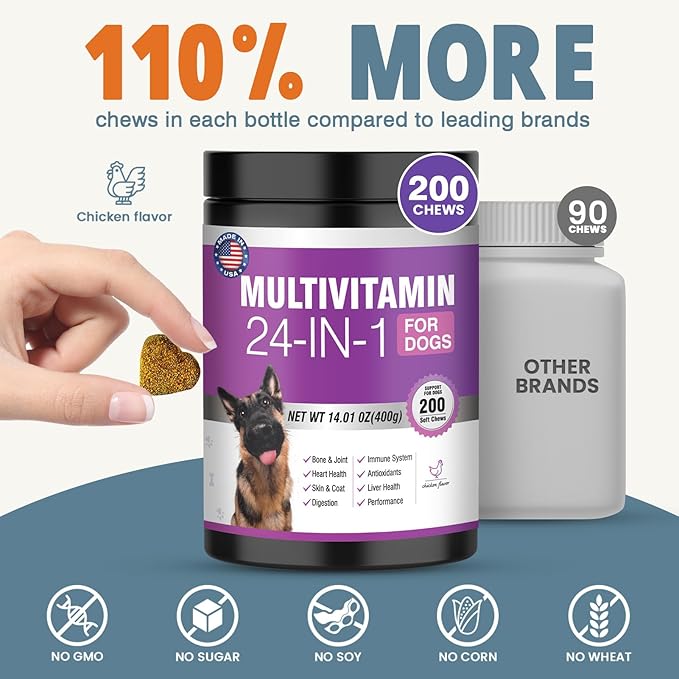 24-in-1 Dog Vitamins and Supplements 200 Ct Dogs Multivitamin Chewable Contain Chondroitin Probiotics Omega-3 Glucosamine for Dogs Skin Coat Heart Joint Gut Digestion Liver Brain Eyes Immune Support