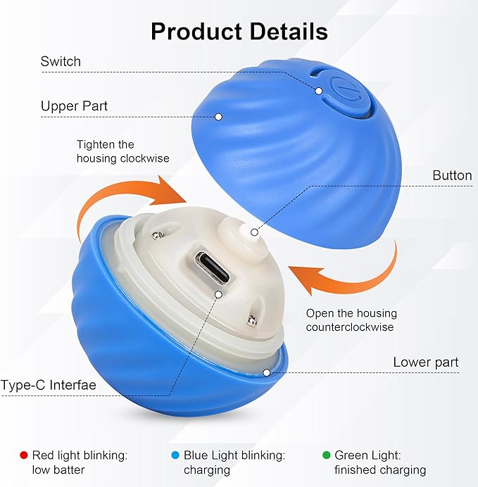 Smart Interactive Dog Toy Ball, Active Rolling Wicked Ball with Automatic Bouncing and Rotating for Puppy/Small Dogs Durable, Chewable, USB Recharger and Fun Gift Toy to Dog (Medium)