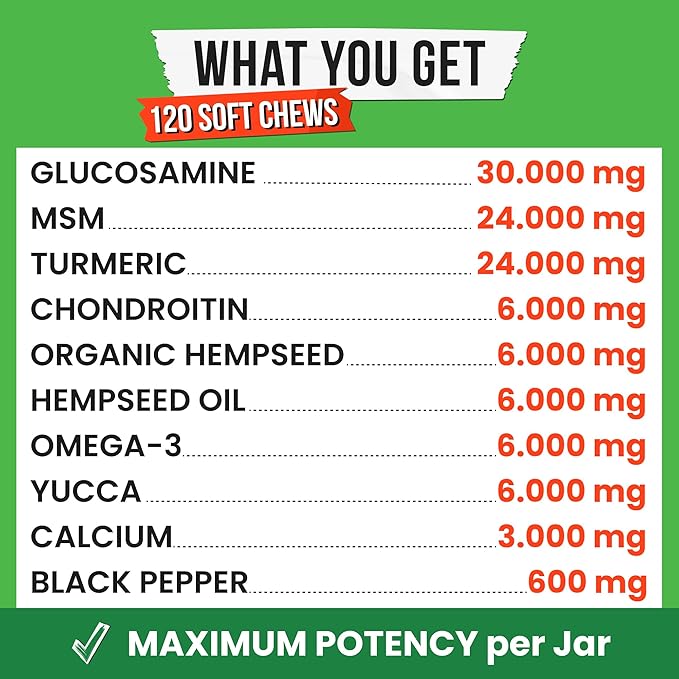Advanced Hemp Hip & Joint Supplement for Dogs - Glucosamine for Dogs - Dog Joint Pain Relief Treats - Chondroitin Turmeric MSM Hemp Oil - Hemp Treats for Joint Health - Senior Mobility Support Chew
