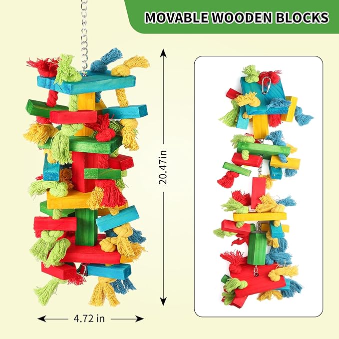 Bird Toys for Large Parrots Natural Wood Block Chewing Toy for Macaws, Cockatoos, African Greys Parrot Cage Hanging Bite Toy for Beak Exercise and Entertainment