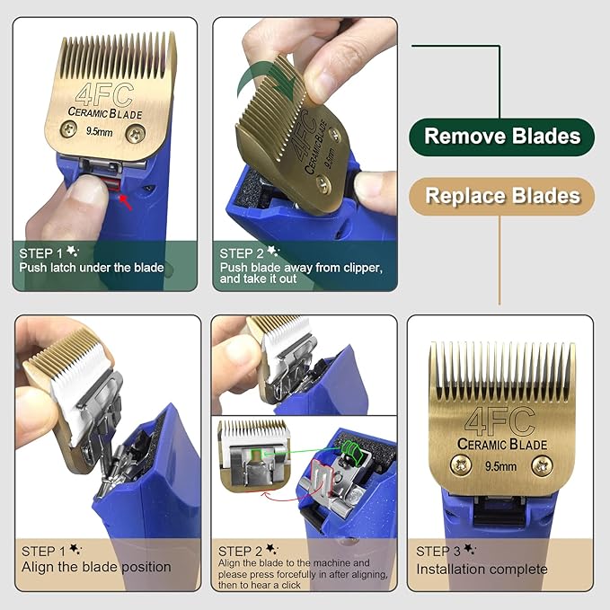 7 Pack Detachable Pet Dog Grooming Clipper Ceramic Blades Set,Compatible with Andis,Oster A5,Wahl KM10 Series Clippers,Gold (10+30+40+7FC+5FC+4FC+3FC)