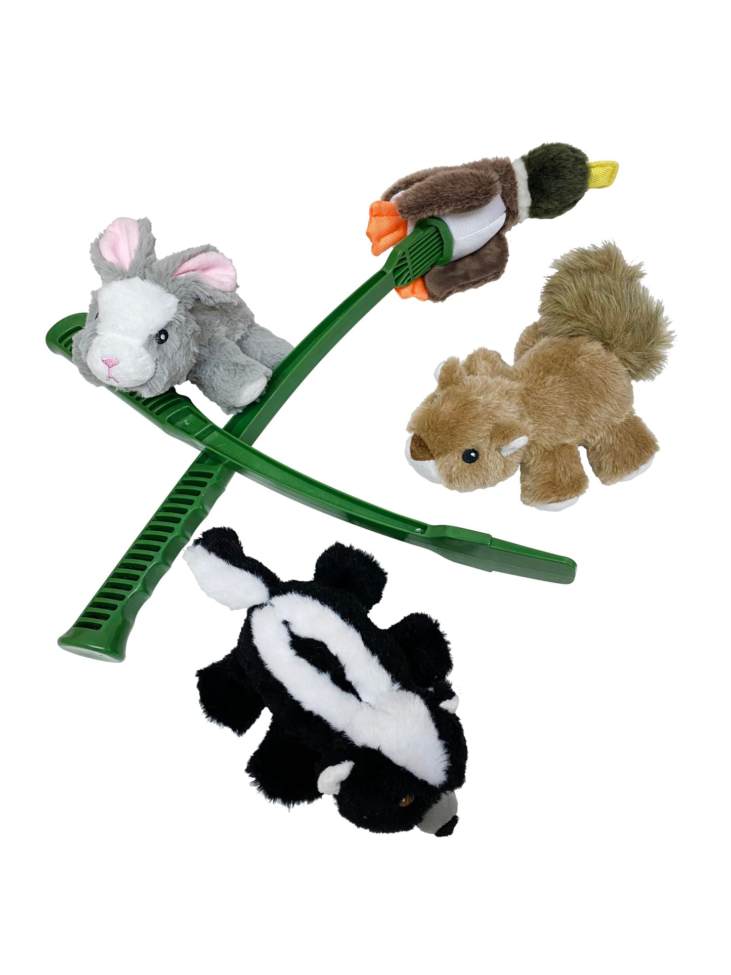 Flingerz Furry Rabbit on a Stick Dog Toy, Grey, Green and White