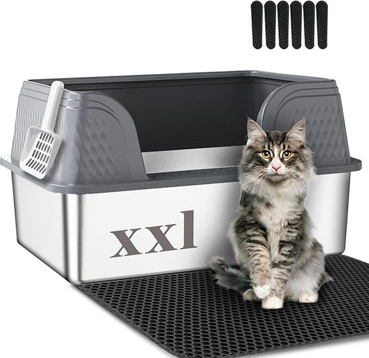 Suhaco Extra Large Stainless Steel Litter Box with Lid XXL High Sided Cat Litter Boxes Included Litter Mat & Litter Scoop Anti-Urine Leakage Metal Pet Toilet for Big Cats (Grey XXL)