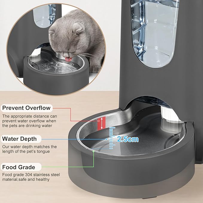 Automatic Cat Water Feeder and Food Bowl, Gravity Stainless Steel Cat Waterer Set for Small Medium Kitten Puppy Pets(1 Gallon + 12oz，Grey)