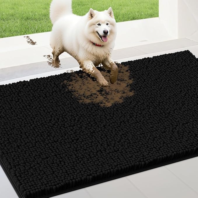 IM HOME Extra Large 60" x 36" Black Dog Door Mats for Muddy Paws, Chenille Absorbent Dog Mat, Non Slip Heavy Mud Mat for Dogs, Soft Pet Bed Mat for Entryway, Mud Paws, Inside Floor