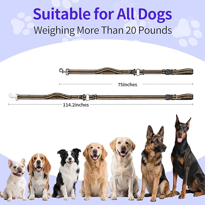 Hands-Free Dog Leash with Adjustable Length 6-9FT + Dual Padded Handles Reflective Safety for Walking, Jogging & Training| Suitable for Medium to Large Dogs & Puppies Brown-L