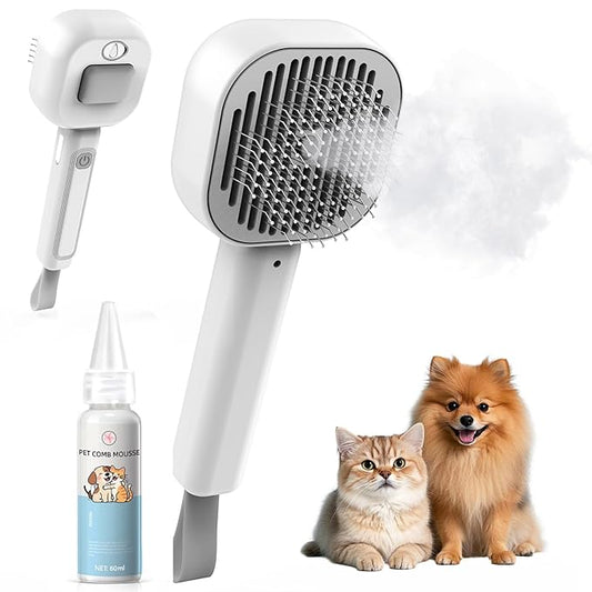3 in 1 Cat Brush - Dog Brush, Steam for Shedding & Grooming, Indoor & Outdoor Shedding Spritz Comb for Long & Short Hair Cats & Dogs, Cat Steam Brush - Includes Waterless Shampoo, Gray