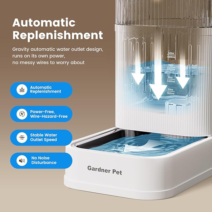 Gardner Pet Automatic Dog Water Dispenser Gravity Waterer with Stainless Steel Bowl Water Dispenser 8.5L Large Capacity Water Feeder for Dogs Cats Pets, BPA-Free Noise-Free (White, 8.5L)