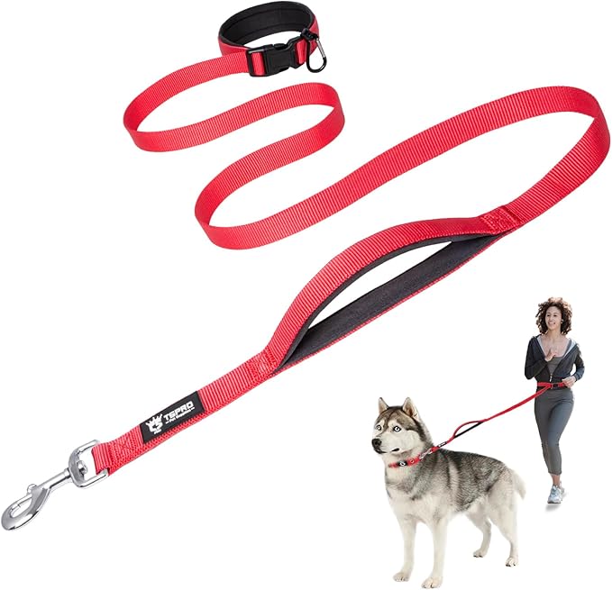 TSPRO Hands Free Dog Leash for Medium to Large Dogs, Adjustable Durable Leash with Comfortable Safety Padded Handle, Heavy Duty Metal Clasp for Walking, Running, Training (Red)