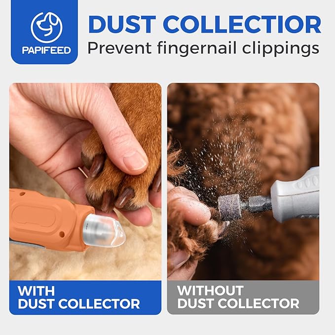 PAPIFEED High Torque Dog Nail Grinder Quiet - 6-Speed Adjustable Pet Nail Trimmer with 2 LED Lights & Dust-Proof Cover, Powerful Motor for Large/Medium/Small Dogs & Cats, Rechargeable - Orange