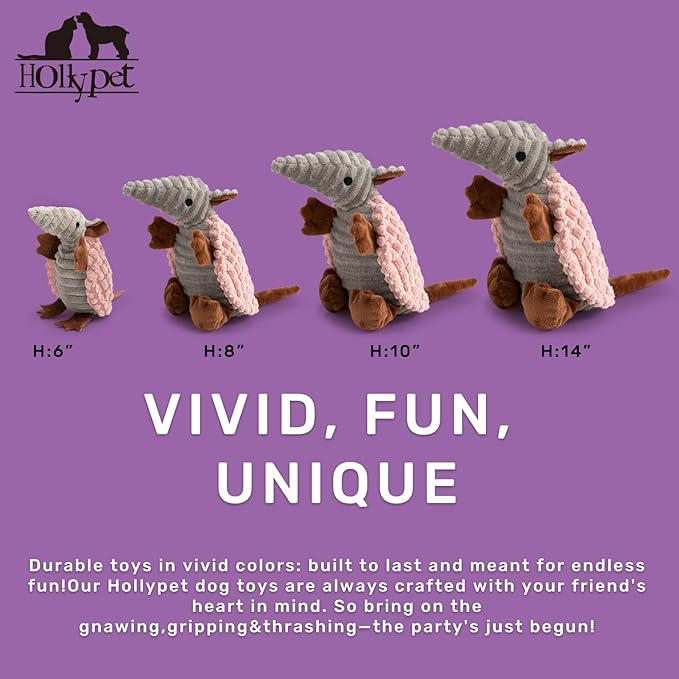 Hollypet Plush Dog Squeaky Toy Stuffed Armadillo Animal Pet Puppy Chew Toys with Clean Teeth for Small Medium Large All Breed Sizes Dogs, Light Pink, 8 in