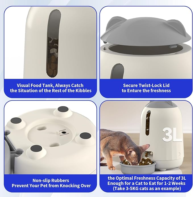 PAPIFEED Automatic Cat Feeder, 2.4G WiFi Auto Cat Food Dispenser with App Control, 3L Auto Pet Feeder with Dual Power Supply, Detachable for Easy Clean for Cats and Small Dogs, Grey