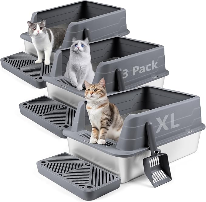 3 Pack Stainless Steel Litter Box, XL 22.9” x 15” x 10.3” High Sided Metal Cat Litter Tray with Scoop, Filter Pedal for Anti-Splash, Non-Sticky, Easy to Clean (Dark Grey)