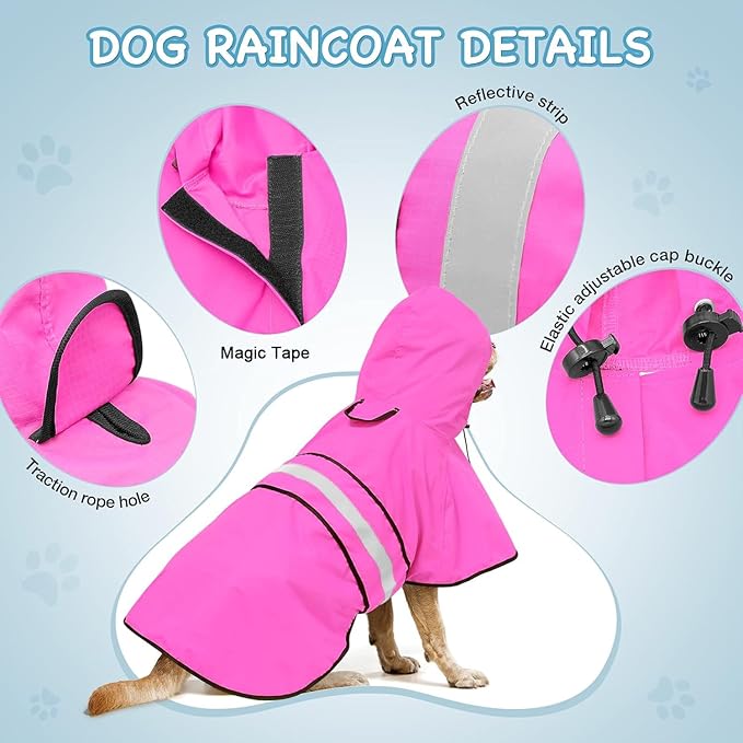 Hooded Dog Raincoat - Reflective Dog Rain Jacket Lightweight Rain Coat for Small Medium Large Dogs (XX-Large, Pink)