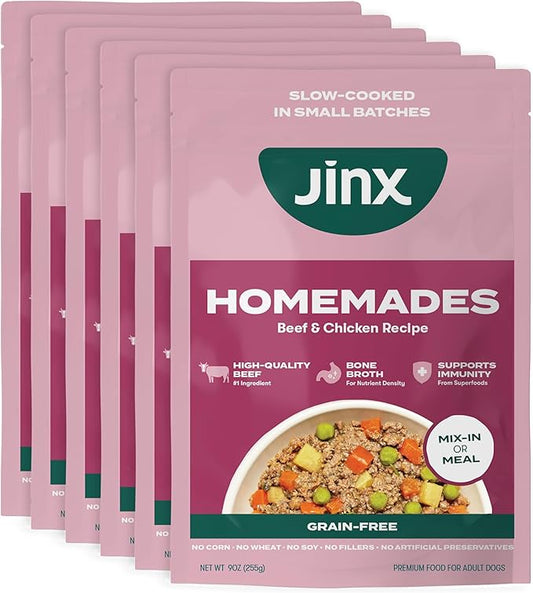 Jinx Beef Grain Free Wet Dog Food Pouches, Meal or Dog Food Topper Mix-in, Made with Real Beef & Chicken, Bone Broth & Brown Rice, No Fillers, Puppy, Adult, Senior, 9oz, 6 Pack