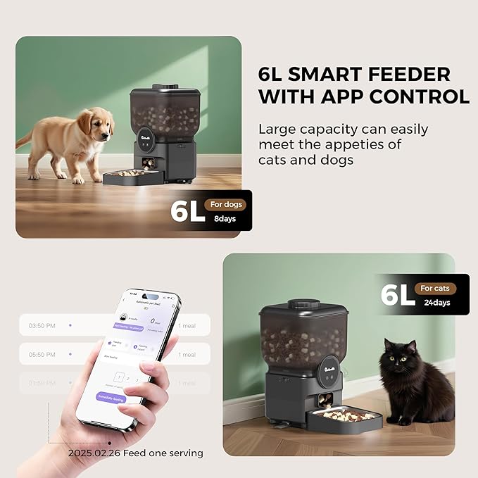 Automatic 6L Cat and Dog Feeder - Pet Feeder with WiFi and Smart Control via App - for Cats and Small Dogs, Auto Timed Food, Stainless Steel Bowl, Dual Powered, 12-Day Battery Life After Power Off