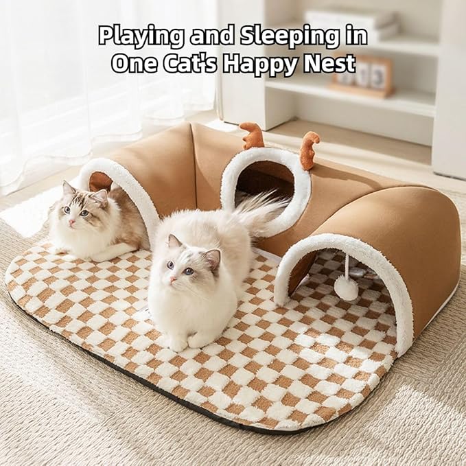 Cat Tunnel Bed Indoor, Peekaboo Cave Bed for Multiple Cats,Kitty Tube with Balls Toys,Removable Cat House Washable,Small Animal Tunnel for Kitty,Bunny (Brown,Small)