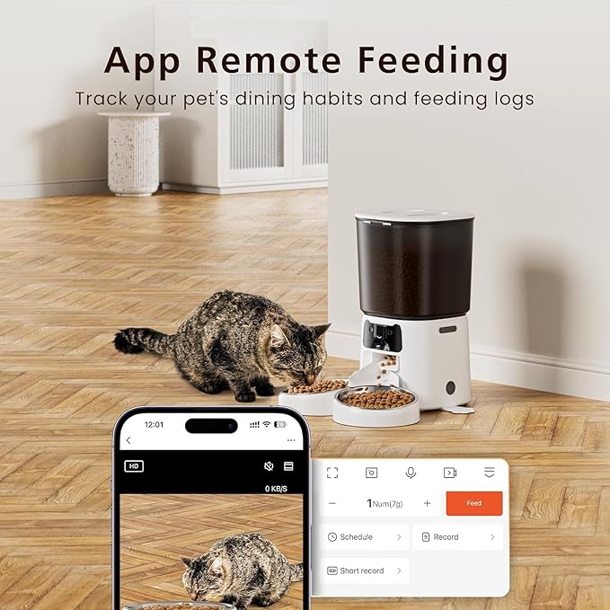 Automatic Cat Feeder with Camera, 6L WiFi Smart Pet Feeder with APP Control, 1080P HD Video, Voice Call, Motion Detection, Dual Power Supply, for Dogs Cats, Small-Pet (White, 6L)