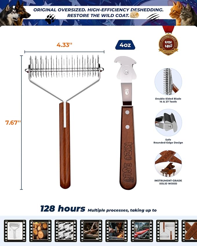 Extra Large 2-Sided Undercoat Rake for Dogs & Cats, Dog Brush for Shedding Remove Mats, Dematting Comb, Safe&Gentle Grooming Brush for German Shepherds Medium to Long-Haired Pets,Premium Wooden Handle