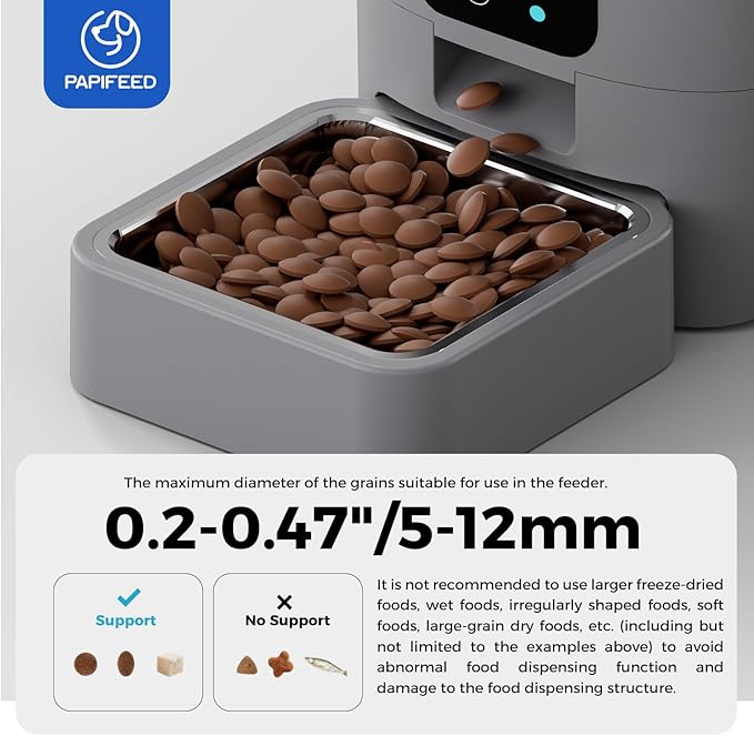 PAPIFEED Automatic Cat Feeder Upgrade, Smart Cat Feeder 6L - APP/Alexa Control, Dual Power Supply, Anti-Chewing Cord, Stainless Steel Bowl, Anti-Chewing Design for Cats and Small/Medium Dogs (Gray)
