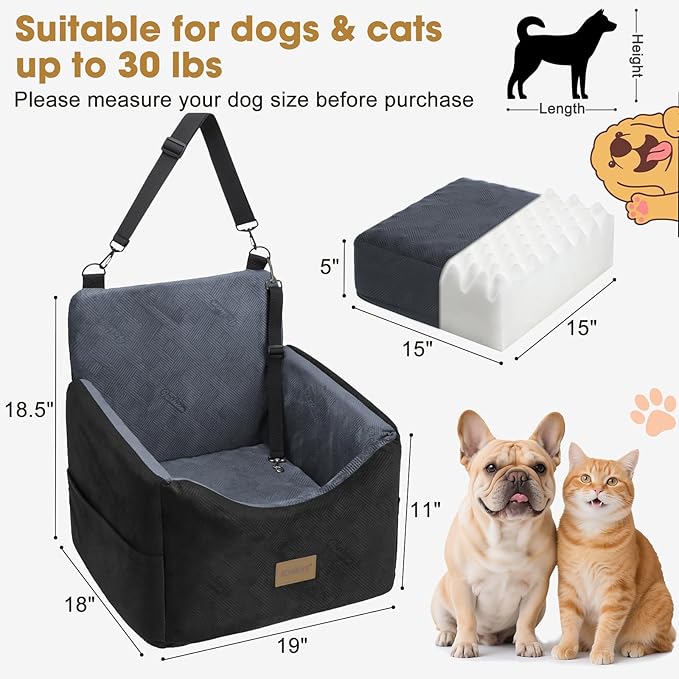 JOEJOY Dog Car Seat for Small/Medium Dogs, Memory Foam Dog Booster Seat with Washable Cover, Travel Safety Pet Car Seat with Storage Pockets for Dogs up to 35 lbs
