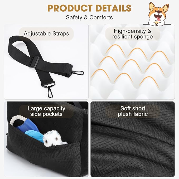 JOEJOY Dog Car Seat for Small/Medium Dogs, Memory Foam Dog Booster Seat with Washable Cover, Travel Safety Pet Car Seat with Storage Pockets for Dogs up to 35 lbs