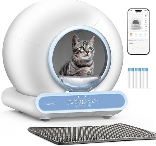 Self Cleaning Litter Box, Integrated Safety Automatic Cat Litter Box Self Cleaning 65L+9L for Multiple Cats, App Control, Odor Removal, Includes Mat & Liner (3 Rolls) - Blue
