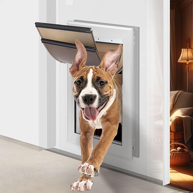 Large Dog Door for Wall and Door with See-Through Dog Door Replacement Flaps Heavy Duty Aluminium Doggy Door with Locking Mechanism Weather Resistant, Up to 110 lbs