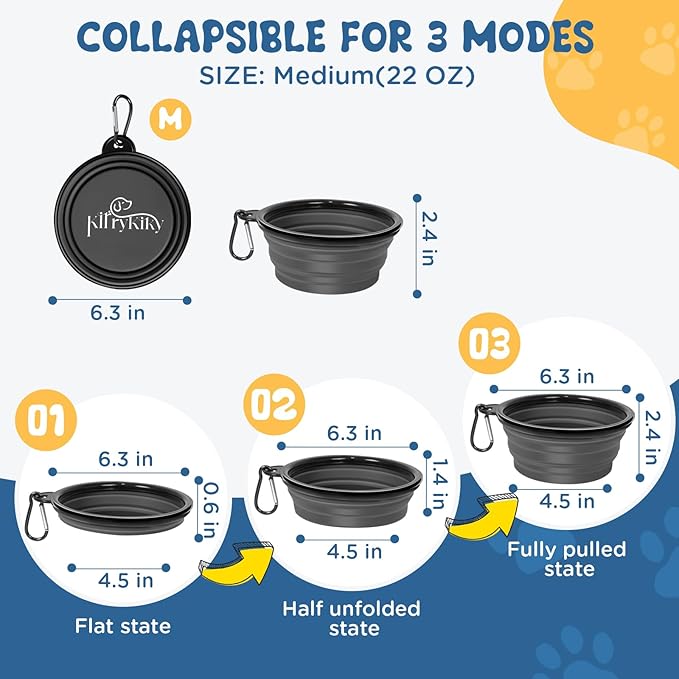 Collapsible Dog Bowls Medium, 2 Pack 22oz Portable Travel Dog Bowls, Foldable Water Bowl for Dogs Cats, Pet Feeding Watering Dish with Carabiner, Food Grade Silicone BPA Free(Blue+Black, M)