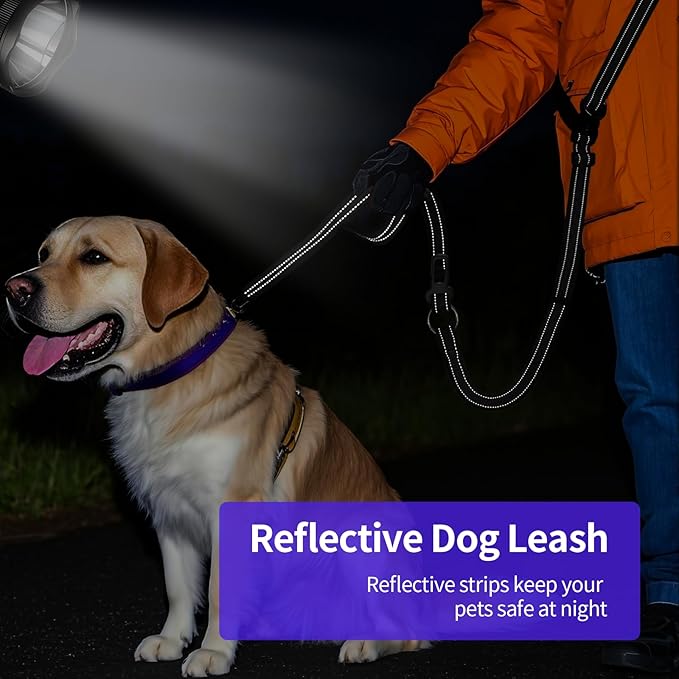 Hands-Free Dog Leash with Adjustable Length 6-9FT + Dual Padded Handles Reflective Safety for Walking, Jogging & Training | Suitable for Medium to Large Dogs & Puppies Black-L