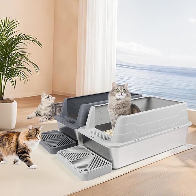 2 Pack Stainless Steel Litter Box, XL 22.9”x15”x 10.3” High Sided Metal Cat Litter Tray with Scoop, Filter Pedal for Anti-Splash, Odor-Free, Non-Sticky, Easy to Clean (Dark Grey&Light Grey)