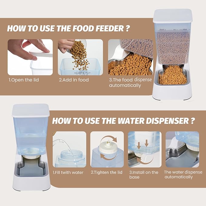 Automatic 5.4L/1.4Gal Pet Waterer, Automatic Dog Water Dispenser Gravity Stainless Steel Water Feeder, Large Capacity Feeding Bowls for Cats and Medium & Large-Sized Dogs (White, Food+Water)