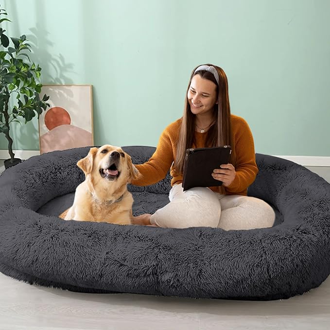 JOLLYVOGUE Human Dog Bed for Adults and Pets, Ultra-Soft Plush Giant Dog Bed with Egg Crate Foam, Non-Slip Base, and Machine Washable Cover - Ideal for Relaxation and Napping, Dark Grey