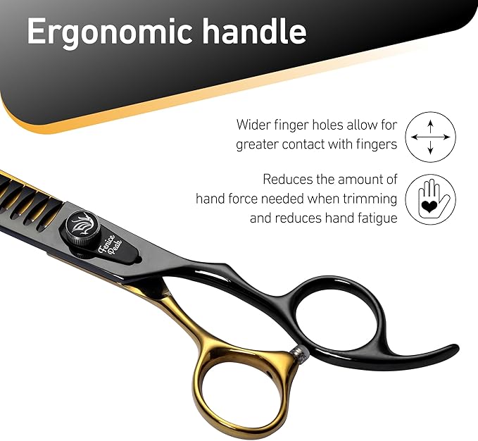Fenice Peak 7'' Black Dog Grooming Scissors Goldern Chunker Dog Blending Scissors with Ergonomic Offest Handle and Pattern Screw Pet Grooming Thinner Blender Shears Durable and Sharp 440C