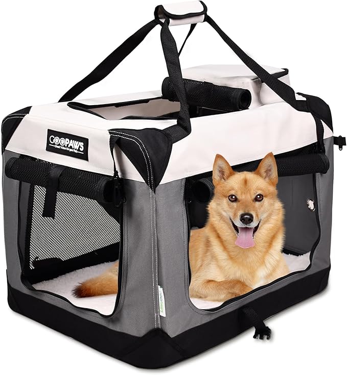 JESPET Soft Dog Crates Kennel for Pets, 3 Door Soft Sided Folding Travel Pet Carrier with Straps and Fleece Mat for Dogs, Cats(7-Light Grey, Large(30" L x 21" W x 23" H))