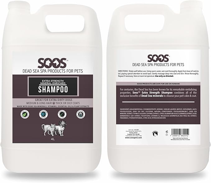 Soos Pet Extra Strength Mineral Enriched Shampoo for Dogs and Cats Natural Dead Sea Mineral Enriched Deeply Absorbing with Vitamins Essential Oils Natural Ingredients - 1x (4L Gallon)