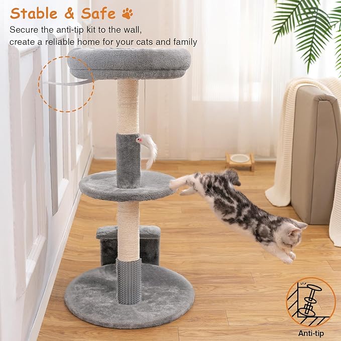 Large Cat Tree Tower with Scratching Post, Modern Kitten Tower for Indoor Cats, Sturdy Tall Carpet Sisal Cat Scratcher Stand with Big Bed Perch,Scratch Ramp,Ball Toy for Kitty Play -Grey