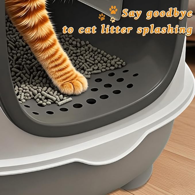 Large Cat Litter Box with Cat Litter Scoop, Foldable Litter Box with Lid, Front Entry and Exit Leak-Proof Litter Cat Box, Odor Control, Easy to Clean (Grey)