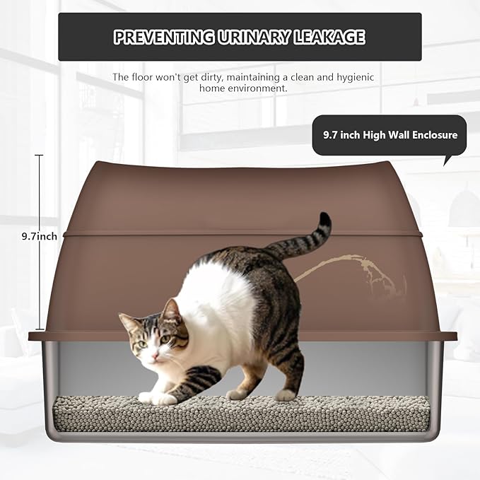 Stainless Steel Cat Litter Box with Lid Extra Large Open-Top Dual Entry Enclosed Metal Pan Tray with High Sides Pedal Scoop Non-Stick Anti-Leakage Easy Cleaning for Big Multi-Cat (Brown)