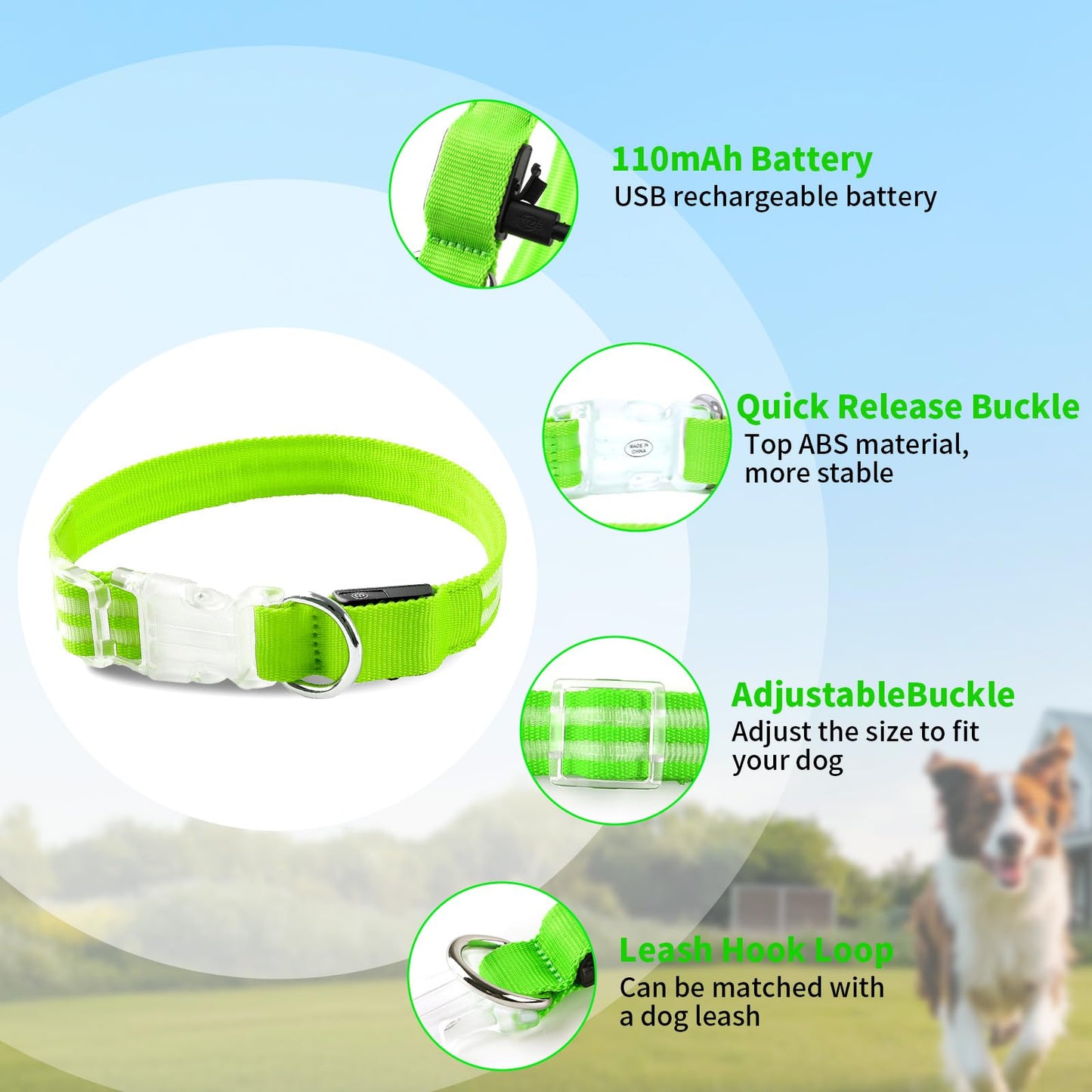 LED Dog Collar, USB Rechargeable Light Up Dog Collar, Adjustable Glowing Dog Collars, Comfortable Soft Collar for Small, Medium, Large Dogs Night Walking-Green S