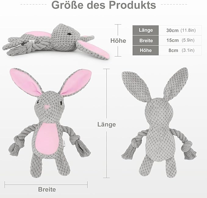 Dog Toys, Dog Squeaker Toys with Crinkle Paper, Stuffed Animal Dog Plush Chewing Toy, Cotton Rope Interactive Toys for Puppy, Small, Middle Dogs (Gray Rabbit)